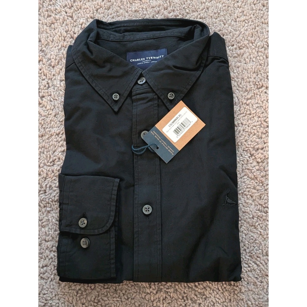 Charles Tyrwhitt Button Down Mens Large Black Stretch Oxford Slim Fit NWT Preppy